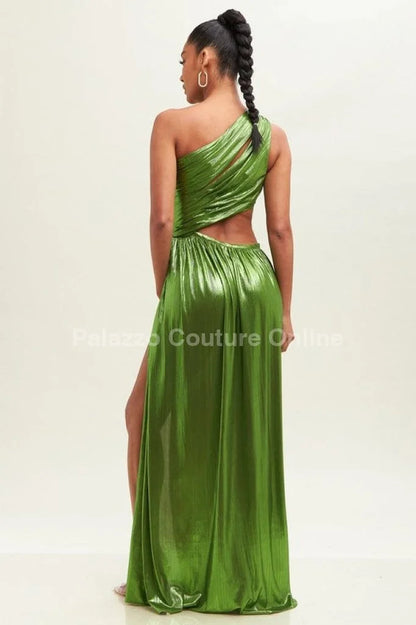 One Shoulder Pleated Gown Maxi Dress (Moss)
