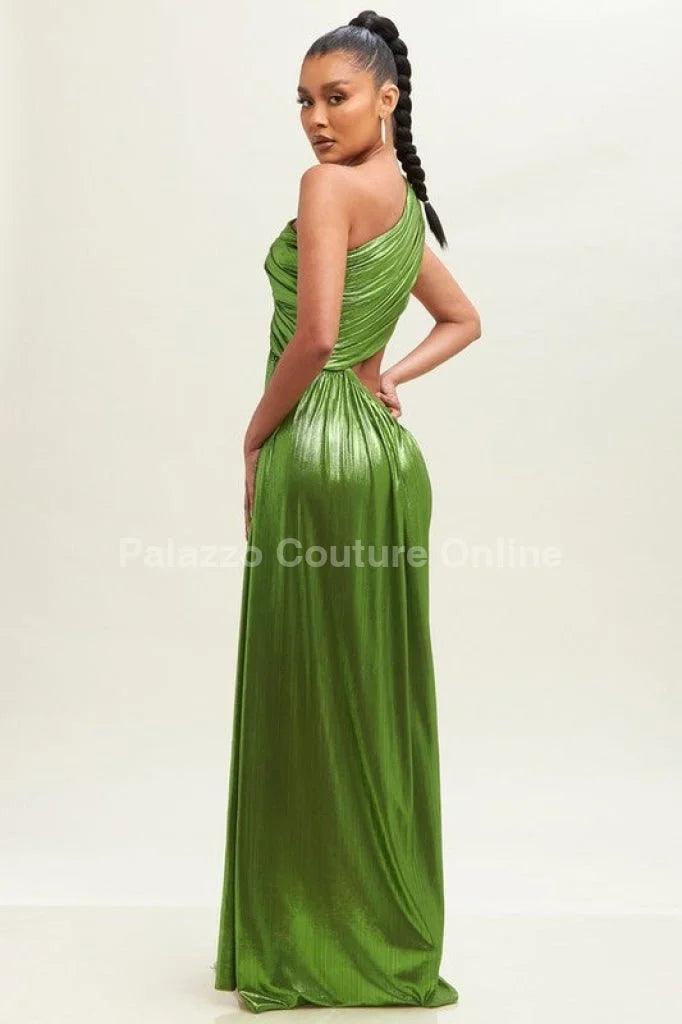 One Shoulder Pleated Gown Maxi Dress (Moss)