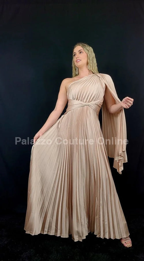 One Shoulder Pleated Maxi Dress (Champagne)