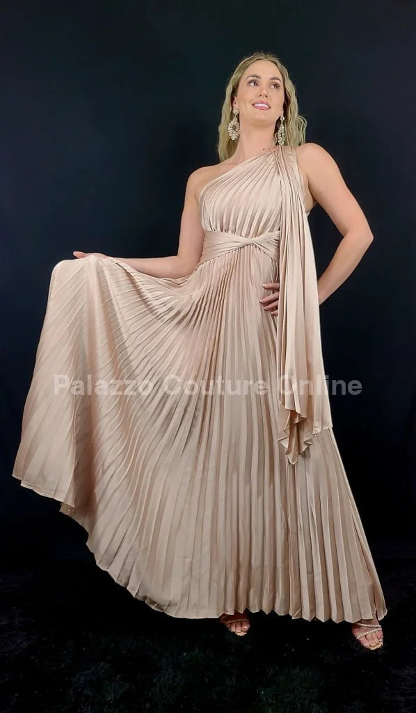 One Shoulder Pleated Maxi Dress (Champagne)