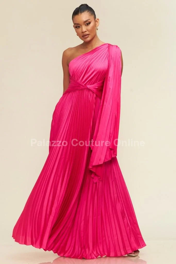 One Shoulder Pleated Maxi Dress (Fuchsia)