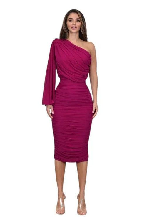 One-Sleeve Ruched Mesh Midi Dress - Magenta