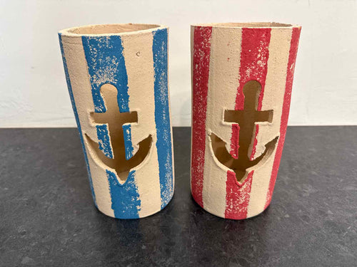 Pair of Red & Blue Striped Clay Anchor Luminaries