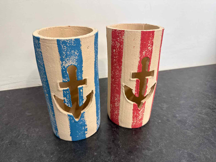 Pair of Red & Blue Striped Clay Anchor Luminaries