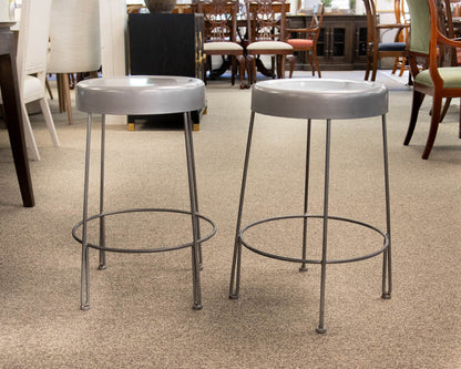 Pair of Silver Finish Metal Counter Stools