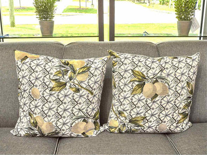 Pair Upholstered Lemon Accent Velvet Backing Accent Pillows