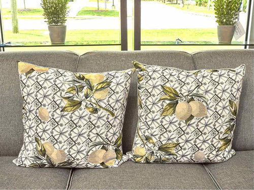Pair Upholstered Lemon Accent Velvet Backing Accent Pillows