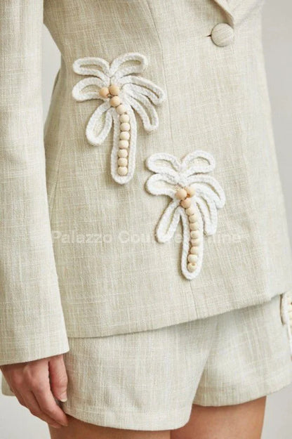 Palm Luxe Beaded Blazer & Short Set - Natural