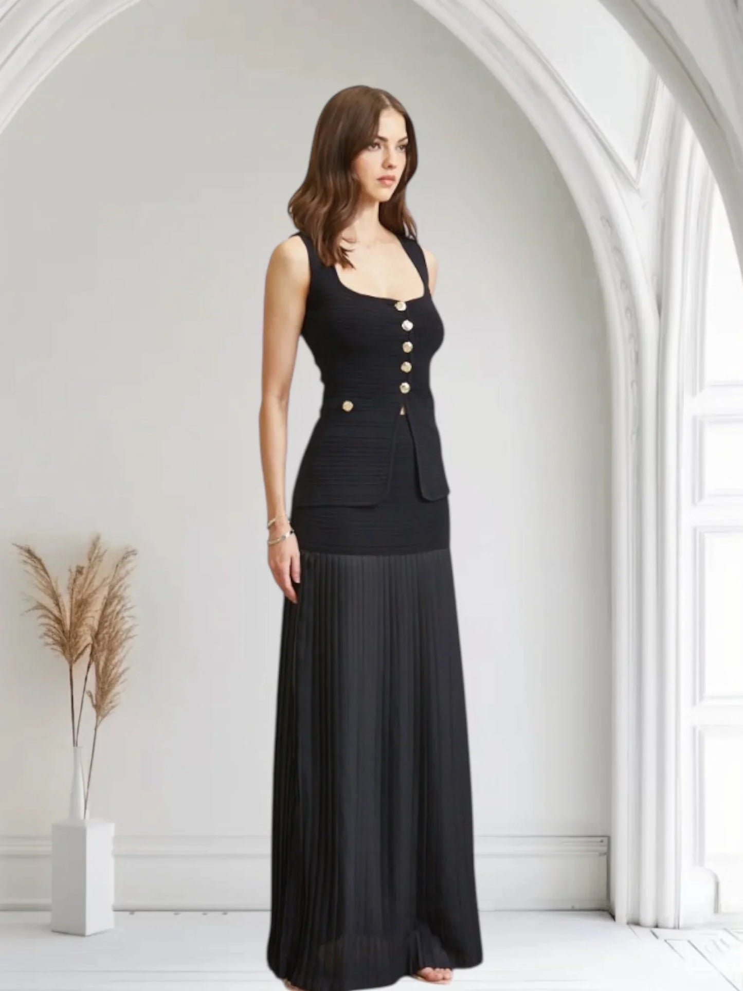 Parisian Pleat Elegance 2-Piece Skirt Set - Black