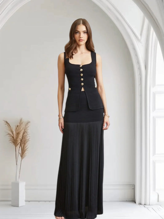 Parisian Pleat Elegance 2-Piece Skirt Set - Black