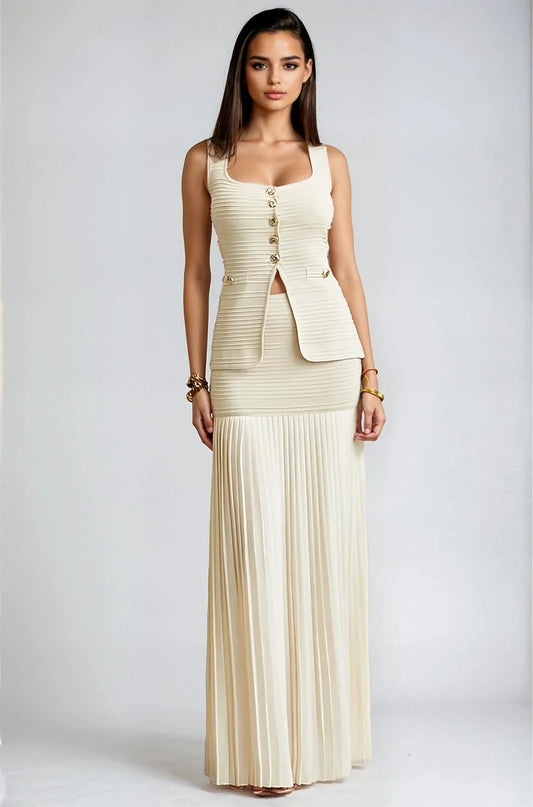 Parisian Pleat Elegance 2-Piece Skirt Set - Natural