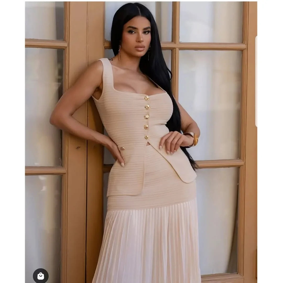 Parisian Pleat Elegance 2-Piece Skirt Set - Natural