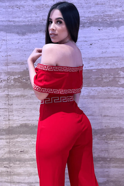 Passion Red Jumpsuit with Off-Shoulder Design and Stretch Fit