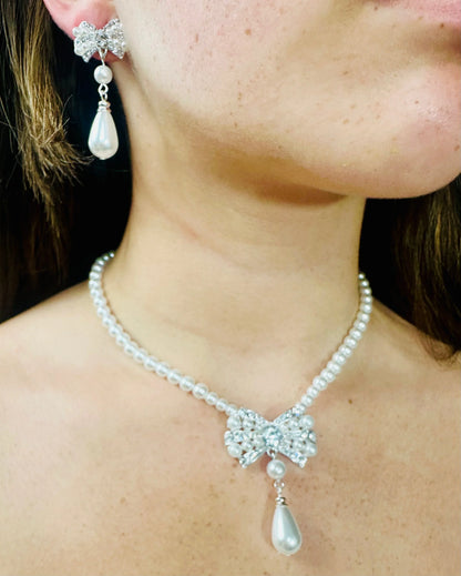 Pearl Blossom Drop Necklace 2pc Set (Silver)