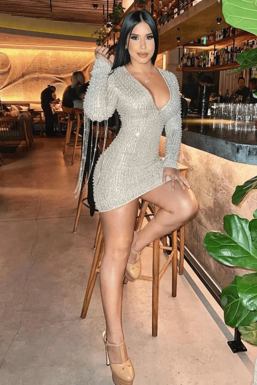 Pearl Glam Divina Silver Sequin Dress with Pearl Fringe Sleeves