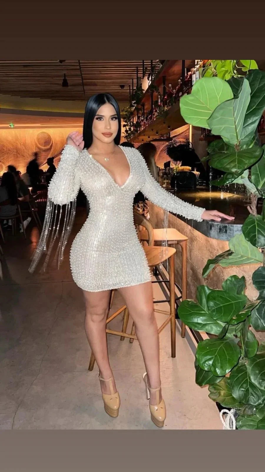 Pearl Glam Divina Silver Sequin Dress with Pearl Fringe Sleeves