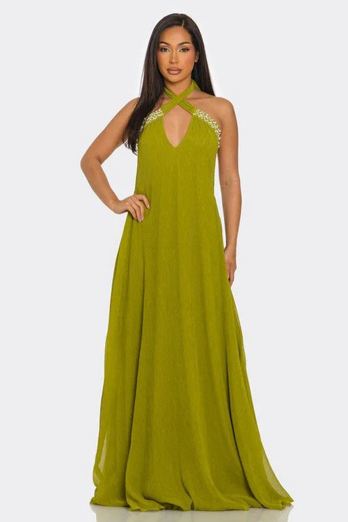 Pearl Luxe Halter Maxi Dress - Green
