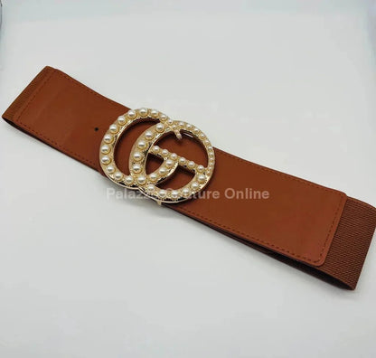Perls Buckle Elastic Belt (Camel)