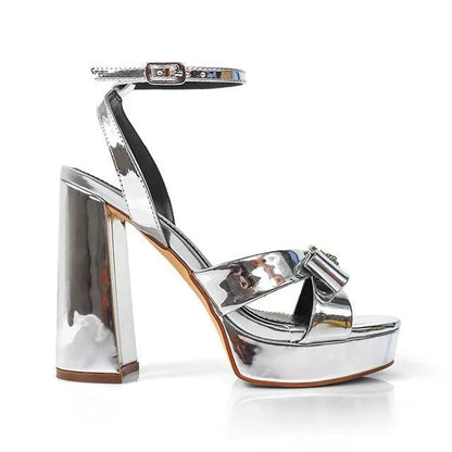 Platform Olina Tamara Cross & Bow Heels -Silver
