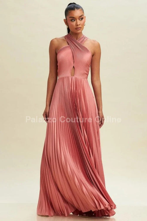 Pleated Cross Over Maxi Dress (Rose)