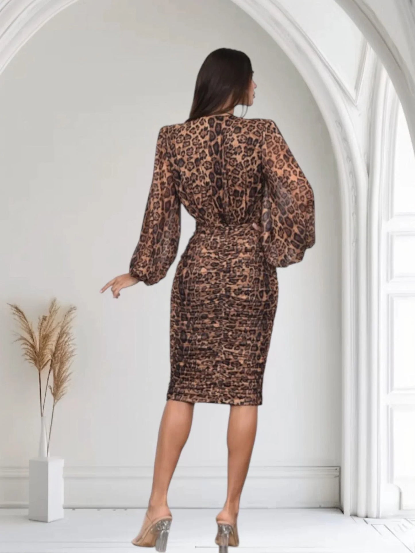 Plunge V-Neck Midi Dress — Sculpted & Elegant - Brown Multi