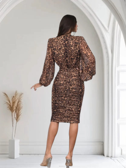 Plunge V-Neck Midi Dress — Sculpted & Elegant - Brown Multi