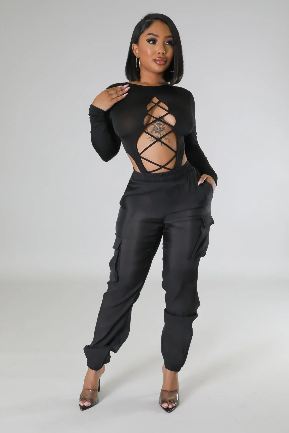 Poolside Days Sheer Cargo Pants – Black High-Waisted Organza Style