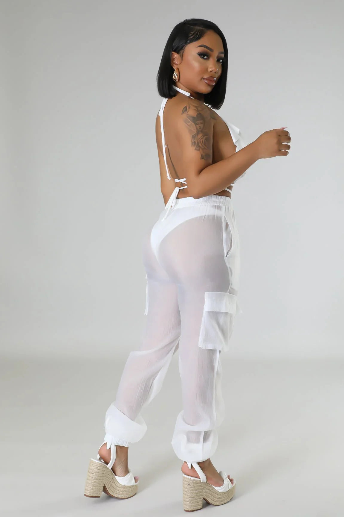 Poolside Days Sheer Cargo Pants – White High-Waisted Organza Style