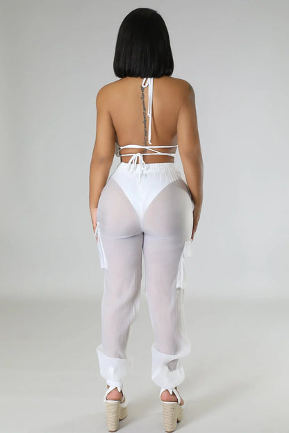 Poolside Days Sheer Cargo Pants – White High-Waisted Organza Style