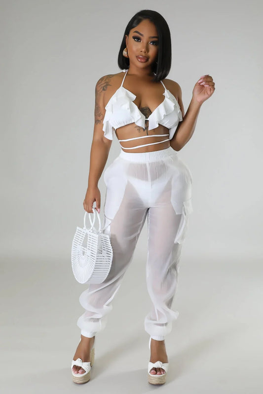 Poolside Days Sheer Cargo Pants – White High-Waisted Organza Style