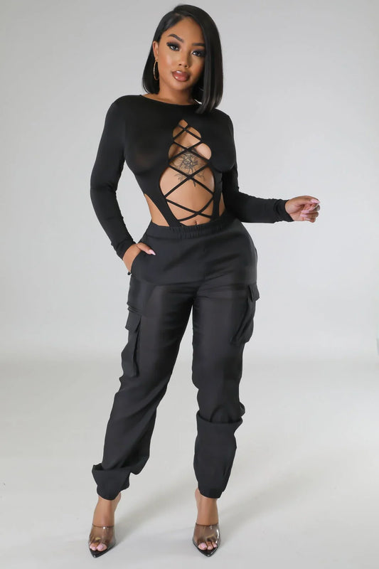 Poolside Days Sheer Cargo Pants – Black High-Waisted Organza Style