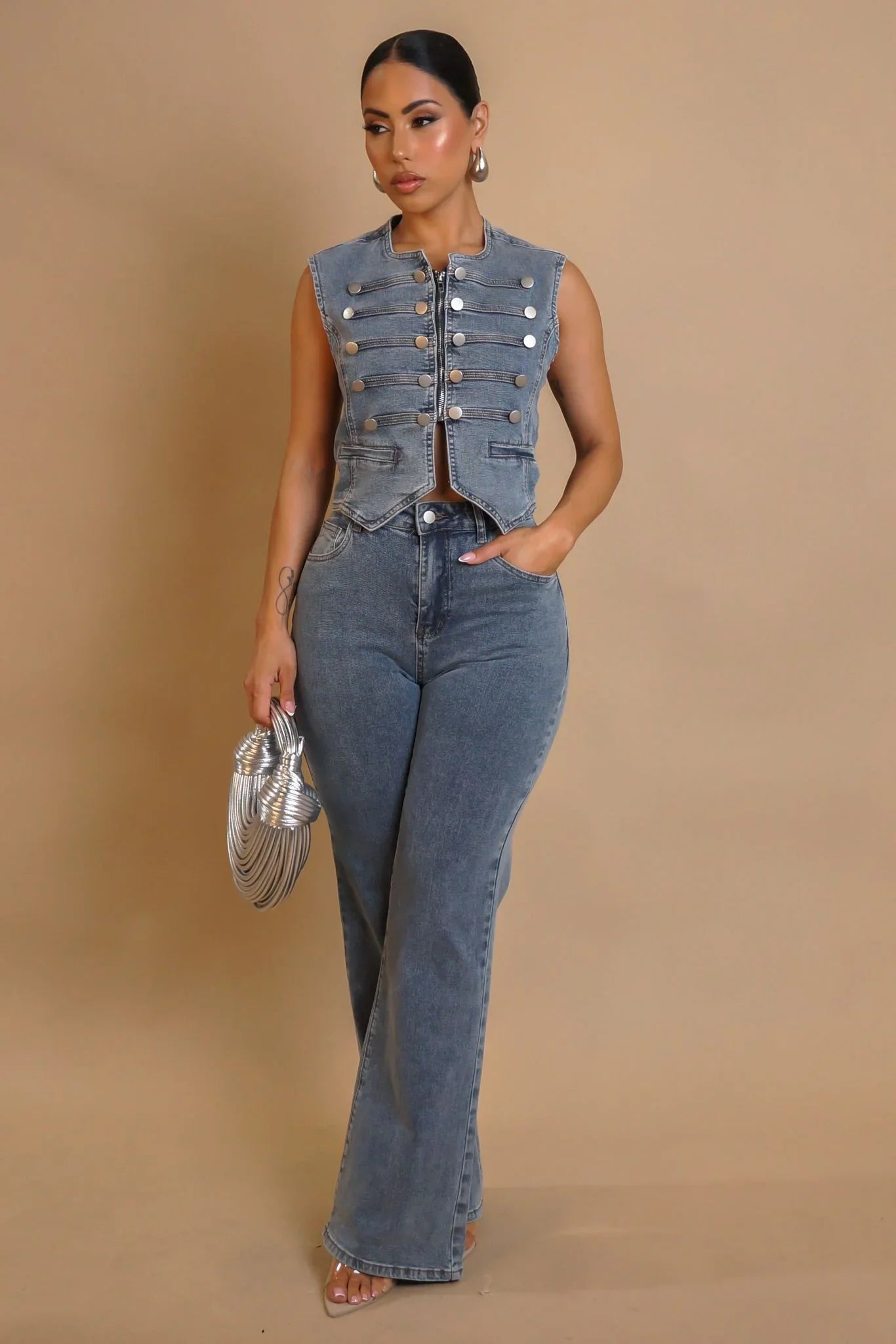 Power Play Denim Pant Set with Structured Vest and High-Waist Pants