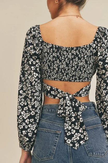 Printed Tie Back Crop Top with Long Sleeves and Smocked Back