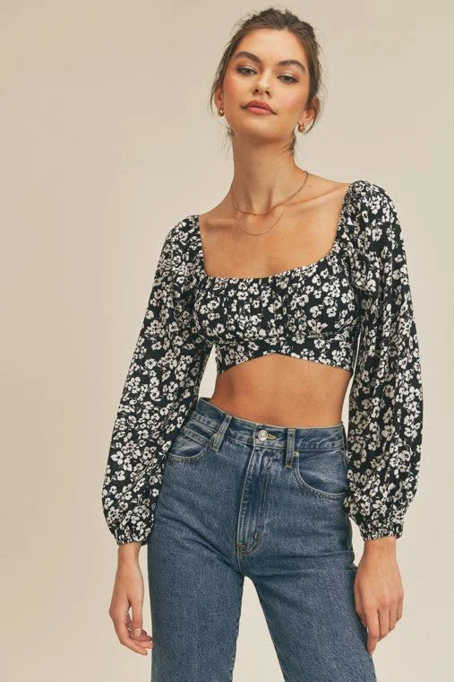 Printed Tie Back Crop Top with Long Sleeves and Smocked Back