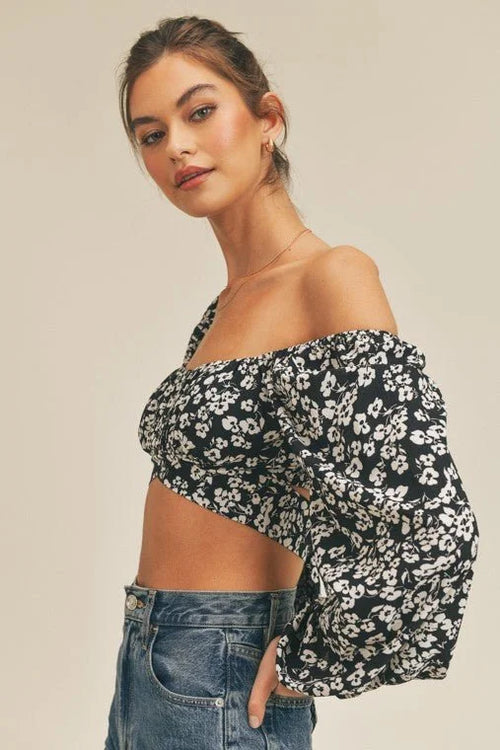 Printed Tie Back Crop Top with Long Sleeves and Smocked Back