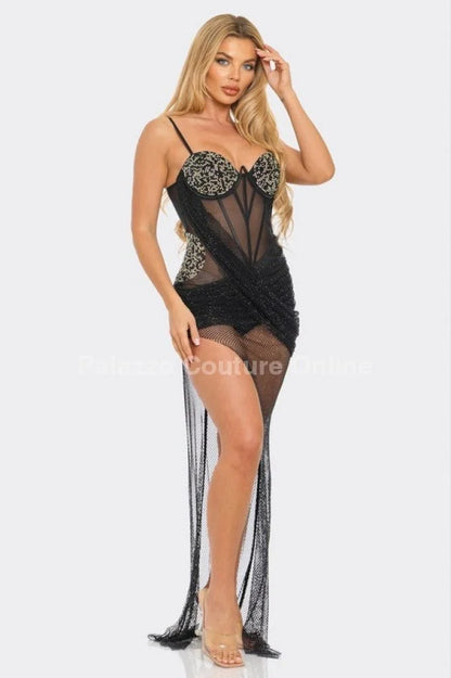 Rachel Mesh Diamonds Maxi Dress ( Black)