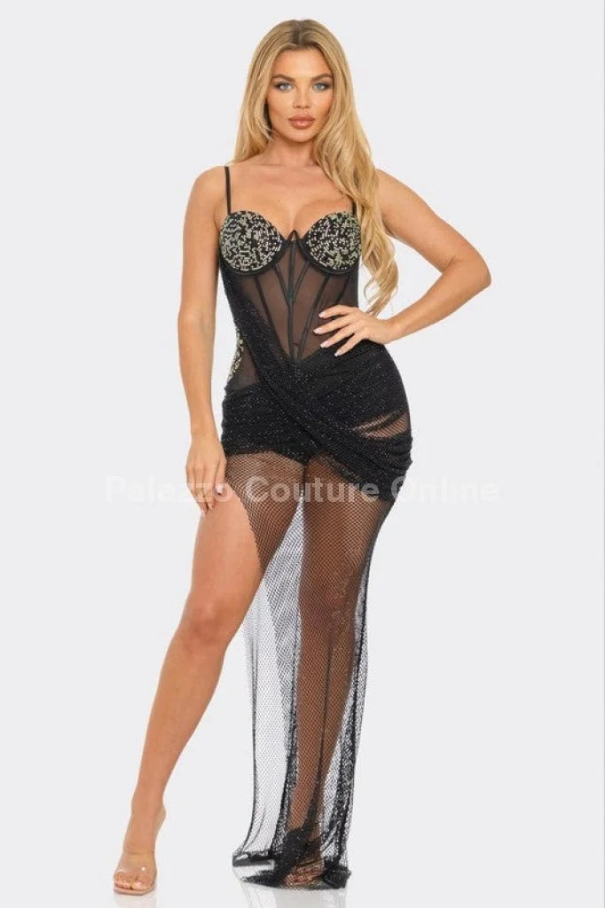Rachel Mesh Diamonds Maxi Dress ( Black)