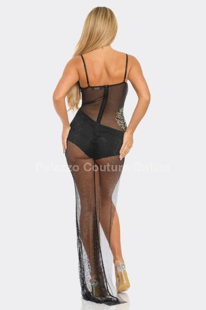 Rachel Mesh Diamonds Maxi Dress ( Black)
