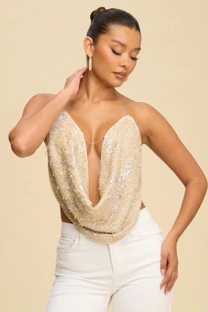Radiant Chain Cowl Sequin Top – Blush