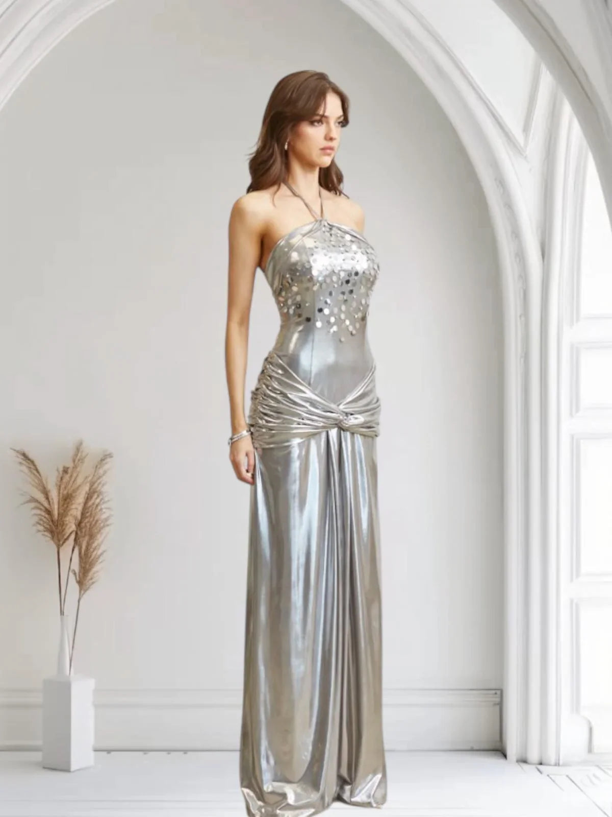 Radiant Crystal Metallic Gown - Silver