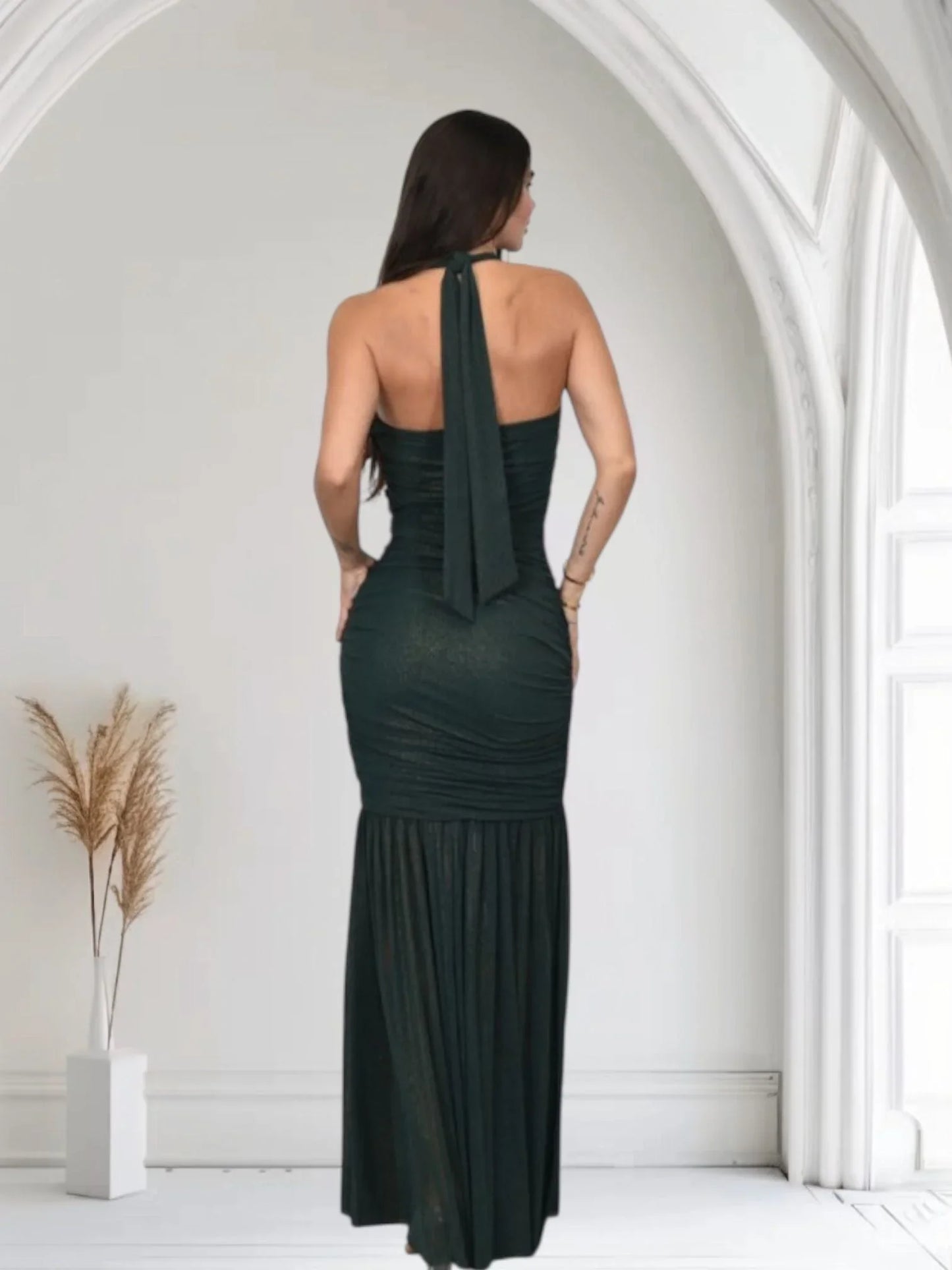 Radiant Nights Metallic Foil Ruched Maxi Dress - Forest