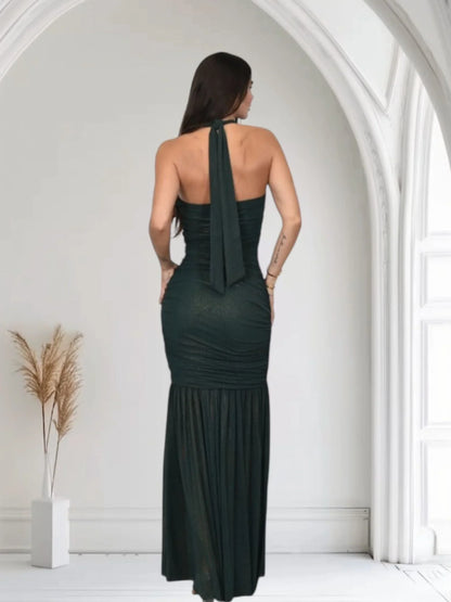 Radiant Nights Metallic Foil Ruched Maxi Dress - Forest