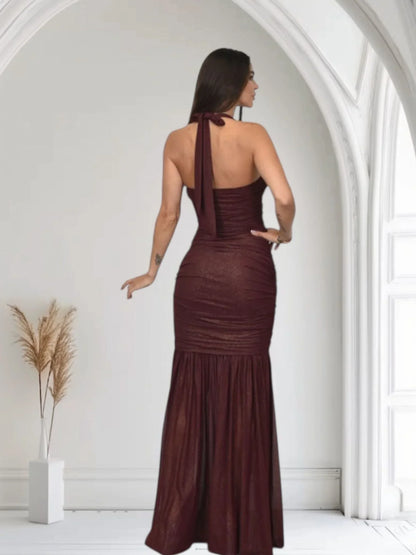 Radiant Nights Metallic Foil Ruched Maxi Dress -Merlot