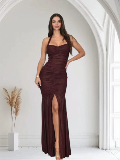 Radiant Nights Metallic Foil Ruched Maxi Dress -Merlot