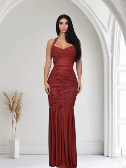 Radiant Nights Metallic Foil Ruched Maxi Dress - Red