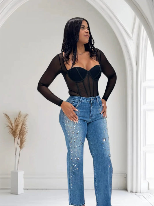 Radiant Pearl Embellished Wide-Leg Jeans