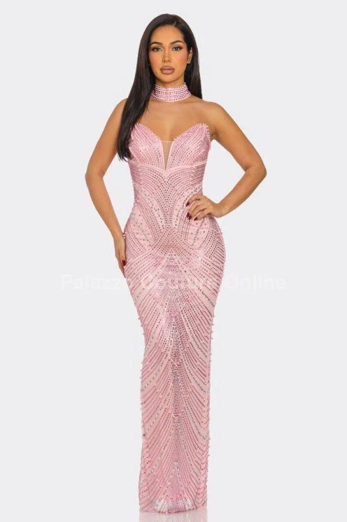 Radiant Pearl Mesh Gown Maxi Dress