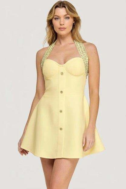 Radiant Regal Crystal-Trim Mini Dress - Butter