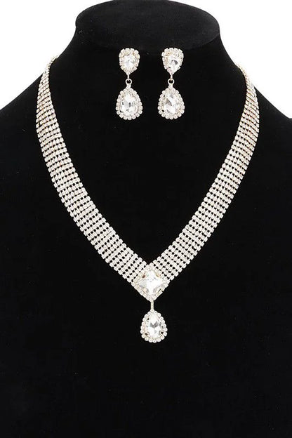 Radiant Teardrop Rhinestone Necklace Set in Gold Clear Finish