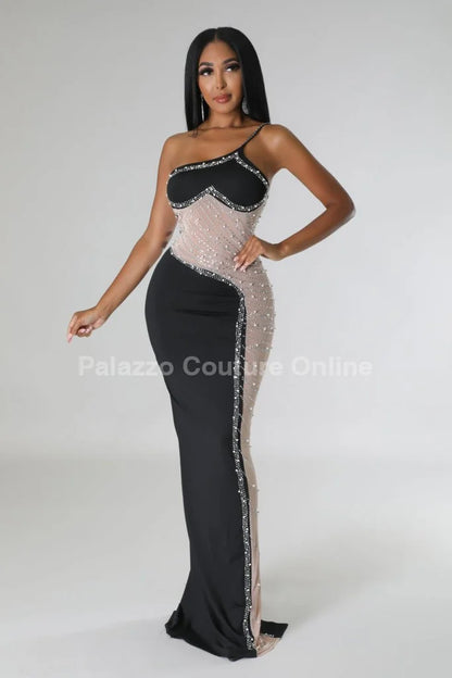Rasha Black Rhinestone Dress with One-Shoulder Design